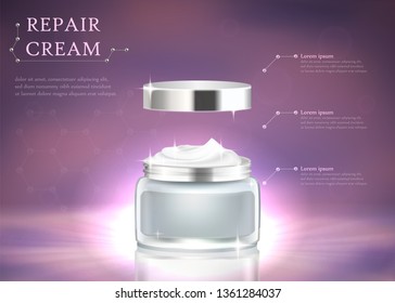 Repair Cream Horizontal Banner with Copy Space. Cosmetic Beauty Product for Face Skin Care on Purple Background. Glass Jar with Silver Cap. Hydrating Facial Cosmetics 3D Realistic Vector Illustration.