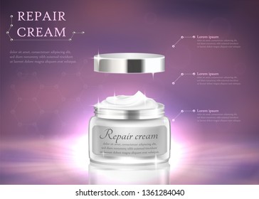 Repair Cream Horizontal Banner with Copy Space. Luxury Cosmetic Jar Package with Brand Label, Skin Care Beauty Product on Purple Bokeh Background. Commercial Element. 3D Realistic Vector Illustration.