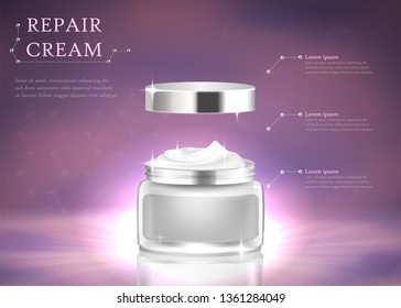 Repair Cream Horizontal Banner with Copy Space. Cosmetic Glass Tin with Plastic Round Silver Cap. Canister with No Logo. Ointment Container Design Defocused Background 3D Realistic Vector Illustration