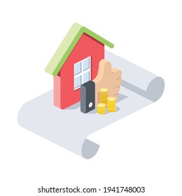 Repair customer feedback, builders' reputation, successful result, reward price.Vector 3d symbol, isometric, color web icons, new flat style. Creative design idea, concept for infographics.