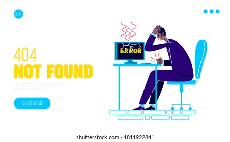 Repair and customization service for office devices landing page with bug 404 not found mistake on desktop computer monitor and scared worker. Vector illustration