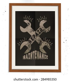 Repair design on wood frame, retro concept, grunge design on old background, clean vector