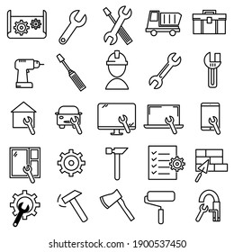 Repair devices and another stuff icon set. Pictogram for web. Line stroke. Isolated on white background. Vector eps10