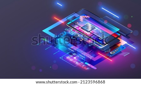 Repair of disassembled cell phone. Broken smartphone, electronic components, mobile processor or chip on pcb board, case, screen, electronic parts hovering. device firmware, data recovery. Concept.