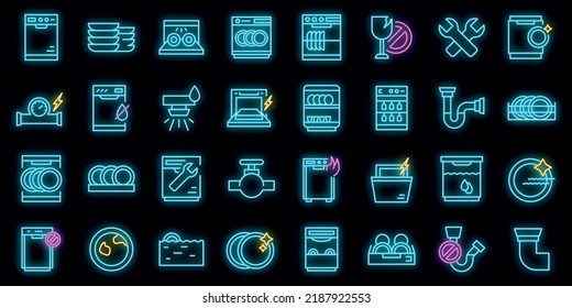 Repair dishwasher icons set. Outline set of repair dishwasher vector icons neon color on black