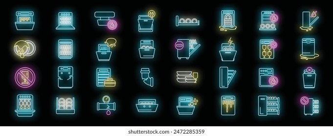 Repair dishwasher icons set outline vector. Heating plumber. Heater pipe neon color on black