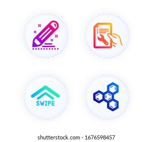 Repair document, Swipe up and Brand contract icons simple set. Button with halftone dots. Chemical formula sign. Spanner tool, Scrolling arrow, Edit report. Chemistry. Technology set. Vector