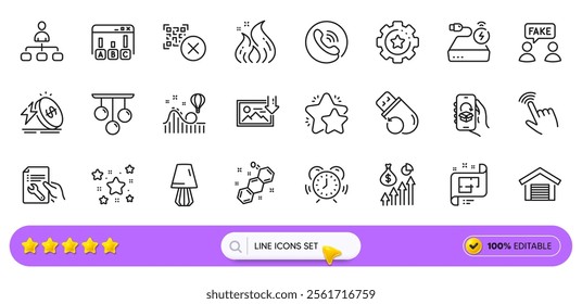 Repair document, Time management and Salary line icons for web app. Pack of Chemical formula, Roller coaster, Star pictogram icons. Fire energy, Architectural plan, Power bank signs. Vector