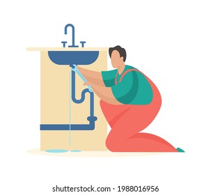 Repair of drain pipe mixer. Uniformed man tightens screws repair leak on water tube. Plumbing service with professional maintenance. Checking taps and sewerage. Vector flat illustration