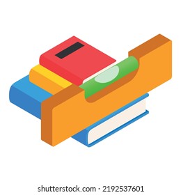 Repair education icon isometric vector. Yellow building level on stack of book. Learning, studying, construction industry education