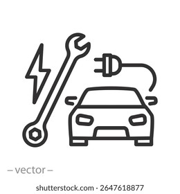 repair electric car icon, electric vehicle service station, auto repair, wrench with plug, charging transport, thin line symbol on white background - editable stroke vector illustration eps 10