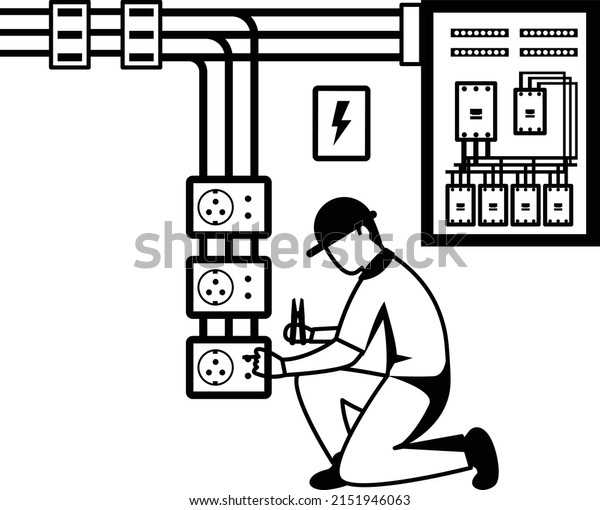 Repair of electricity distribution in\
Factory cellar Concept vector icon design, Electrician Profession\
symbol, Power Supply and wiring Sign, handyman and Repairman tools\
stock illustration