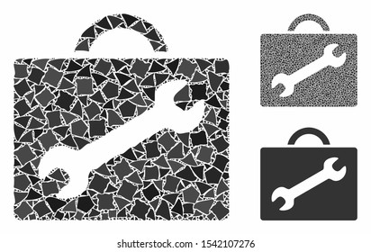 Repair equipment case composition of abrupt elements in various sizes and shades, based on repair equipment case icon. Vector ragged items are composed into collage.