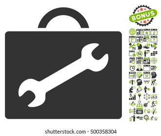 Repair Equipment Case icon with bonus calendar and time service pictures. Vector illustration style is flat iconic symbols, eco green and gray colors, white background.