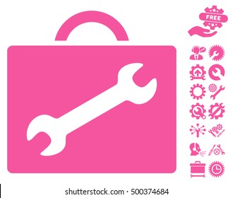 Repair Equipment Case icon with bonus service clip art. Vector illustration style is flat iconic symbols, pink color, white background.