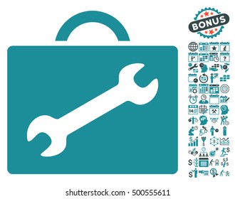 Repair Equipment Case icon with bonus calendar and time service clip art. Vector illustration style is flat iconic symbols, soft blue colors, white background.