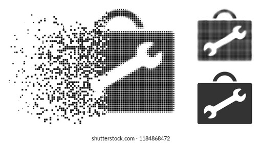 Repair equipment case icon in dissolved, dotted halftone and solid variants. Particles are composed into vector dissipated repair equipment case icon. Disappearing effect uses rectangle dots.