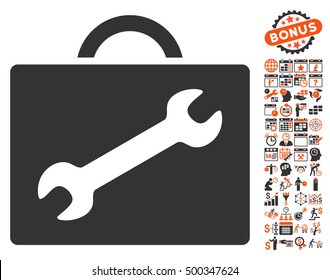 Repair Equipment Case pictograph with bonus calendar and time management pictograph collection. Vector illustration style is flat iconic symbols, orange and gray colors, white background.