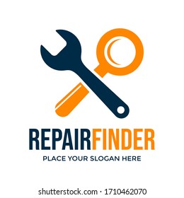 Repair finder vector logo template. This design use magnifying glass and wrench symbol. Suitable for industrial