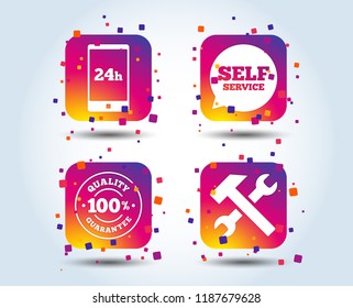 Repair fix tool icons. 24h Customer support service signs. 100% quality guarantee symbol. Hammer with wrench key. Colour gradient square buttons. Flat design concept. Vector