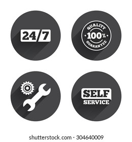 Repair fix tool icons. 24h Customer support service signs. 100% quality guarantee symbol. Cogwheel gear with wrench key. Circles buttons with long flat shadow. Vector