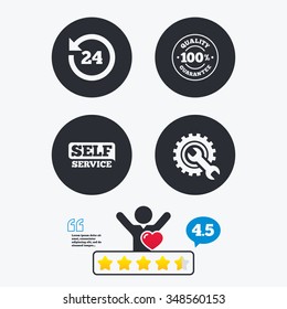 Repair fix tool icons. 24h Customer support service signs. 100% quality guarantee symbol. Cogwheel gear with wrench key. Star vote ranking. Client like and think bubble. Quotes with message.