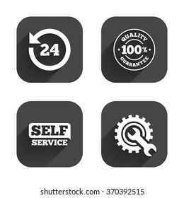 Repair fix tool icons. 24h Customer support service signs. 100% quality guarantee symbol. Cogwheel gear with wrench key. Square flat buttons with long shadow.