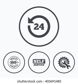 Repair fix tool icons. 24h Customer support service signs. 100% quality guarantee symbol. Cogwheel gear with wrench key. Icons in circles.