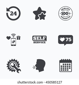 Repair fix tool icons. 24h Customer support service signs. 100% quality guarantee symbol. Cogwheel gear with wrench key. Flat talking head, calendar icons. Stars, like counter icons. Vector