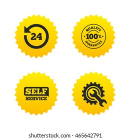 Repair fix tool icons. 24h Customer support service signs. 100% quality guarantee symbol. Cogwheel gear with wrench key. Yellow stars labels with flat icons. Vector