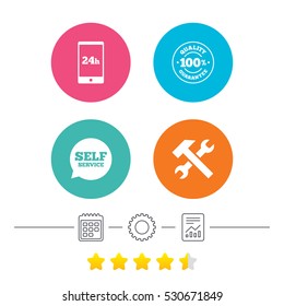 Repair fix tool icons. 24h Customer support service signs. 100% quality guarantee symbol. Hammer with wrench key. Calendar, cogwheel and report linear icons. Star vote ranking. Vector
