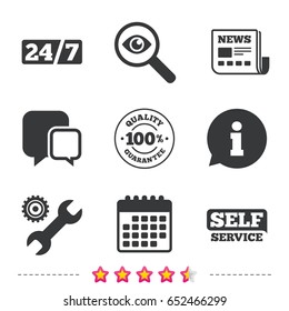 Repair fix tool icons. 24h Customer support service signs. 100% quality guarantee symbol. Cogwheel gear with wrench key. Newspaper, information and calendar icons. Investigate magnifier, chat symbol