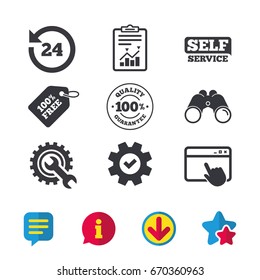 Repair fix tool icons. 24h Customer support service signs. 100% quality guarantee symbol. Cogwheel gear with wrench key. Browser window, Report and Service signs. Vector