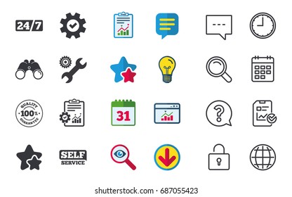 Repair fix tool icons. 24h Customer support service signs. 100% quality guarantee symbol. Cogwheel gear with wrench key. Chat, Report and Calendar signs. Stars, Statistics and Download icons. Vector