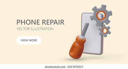 Repair and flashing of phones. Restoration of broken gadgets. Advertising template for web design. Repair of breakdowns. Cute isometric illustration in plasticine style