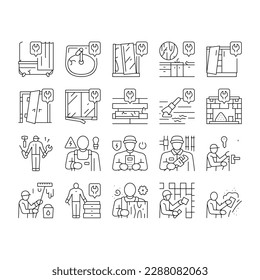 Repair Furniture And Building Icons Set Vector. Repair Door And Bath, Repairing Kitchen Worktop And Fireplace, Locksmith And Carpenter, Electrician Plasterer Worker Builder Black Contour Illustrations