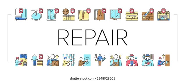 Repair Furniture And Building Icons Set Vector. Repair Door And Bath, Repairing Kitchen Worktop And Fireplace, Locksmith And Carpenter, Electrician And Plasterer Worker Builder Color Illustrations