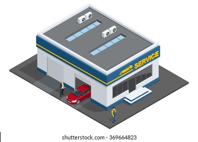 Repair Garage Or Auto Mechanic Service. Flat 3d Vector Isometric Illustration.