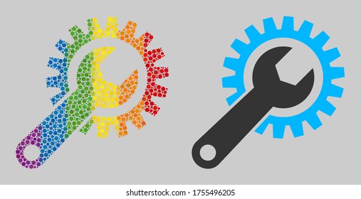 Repair gear mosaic icon of spheric dots in variable sizes and rainbow colored color hues. A dotted LGBT-colored Repair gear for lesbians, gays, bisexuals, and transgenders.