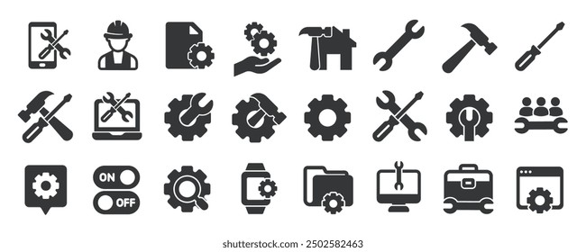 Reparieren Symbol Solid Icons Sammlung. Enthaltene Inhaltseinstellung, Engineering, Tools, Fix. Minimale Symbol- und Symbolreihen, Vektorgrafik