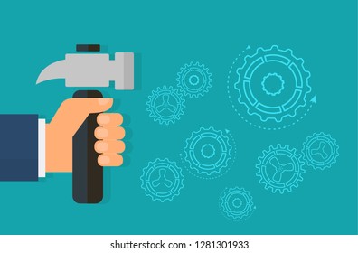 Repair. Hand with the hammer. The concept of repair and construction works. Vector illustration