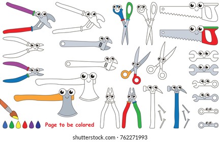 Repair Hand Tools set to be colored, the coloring book for preschool kids with easy educational gaming level.