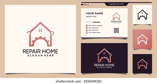 Repair home logo with unique line art style and business card design Premium Vector