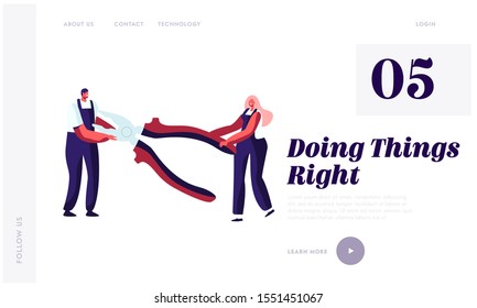 Repair Home Service, Electrician Call Master Website Landing Page. Tiny Man and Woman in Worker Uniform Holding Huge Pliers for Fixing Broken Technics Web Page Banner. Cartoon Flat Vector Illustration