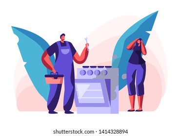 Repair Home Technics Service. Man Electrician in Uniform Holding Wrench for Fixing Broken Oven for Customer. Husband for Hour, Call Master with Instruments at Work Cartoon Flat Vector Illustration