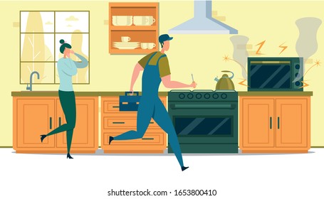 Repair Home Technics Service. Man Electrician Holding Screwdriver for Fixing Broken Microwave Oven for Customer. Husband for Hour, Call Master with Instruments at Work Cartoon Flat Vector Illustration