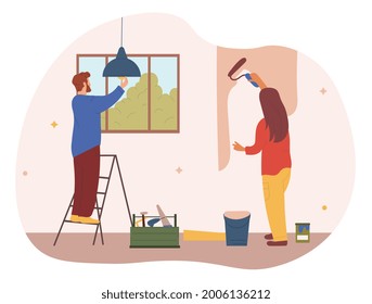 Repair in the house concept. Man stands on a stepladder and changes the light bulb in the chandelier. Woman with a roller in hands paints the walls pink. Beautiful interior. Flat vector illustration