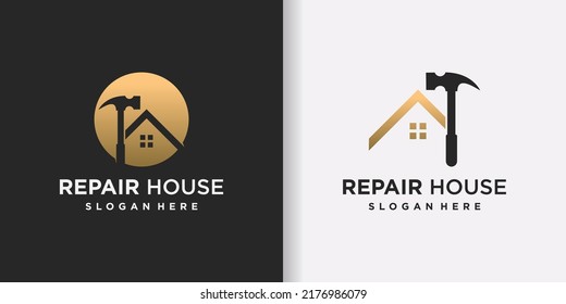 Repair house logo template with hummer and creative concept Premium Vector