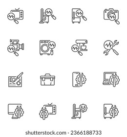 Reparación del conjunto de iconos de línea de electrodomésticos, colección de símbolos de vector de contorno, paquete de pictogramas de estilo lineal. Señales, ilustración del logotipo. El conjunto incluye iconos como diagnóstico por computadora, servicio de reparación móvil