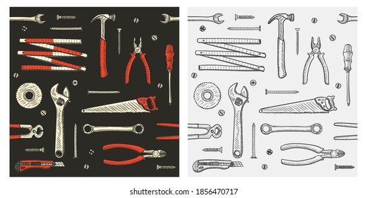 Repair household tools seamless pattern set. Sketch doodle style.
